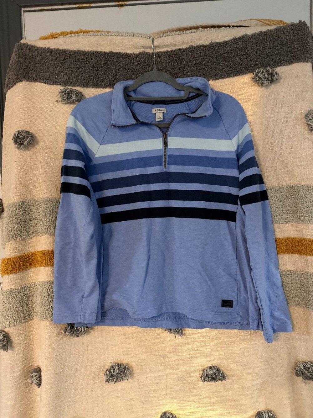 L.L. Bean Peaks Island 1/4 Zip Striped French Terry Sweatshirt - Blue Women’s L